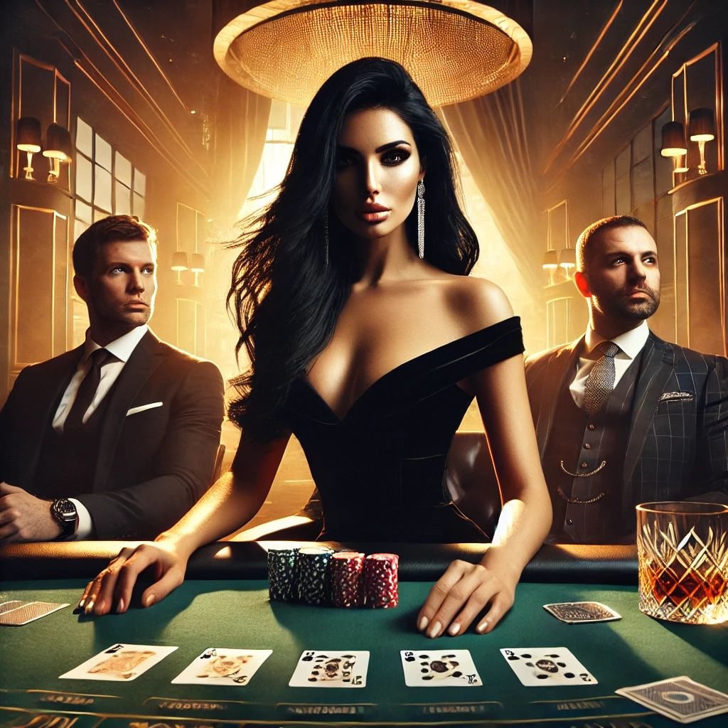 Seorang dealer profesional menjalankan permainan live casino dengan suasana futuristik